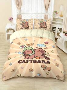Conjunto de capa de edredom estampada "Capivara dormindo" para 1/2 pessoa, sem enchimento, adequado para adolescentes, quarto masculino, macio e confortável, presente perfeito para fãs de capivara de desenho animado - conjunto de 4 peças (inclui 1 capa de edredom + 2 fronhas + 1 lençol, sem edredom ou travesseiros)