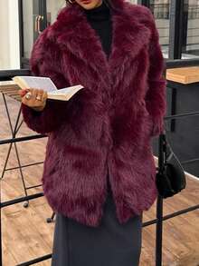 DEEKA 女士加大码仿皮草大衣，保暖宽松，欧美时尚冬季款 - 酒紅色 - 查看 1