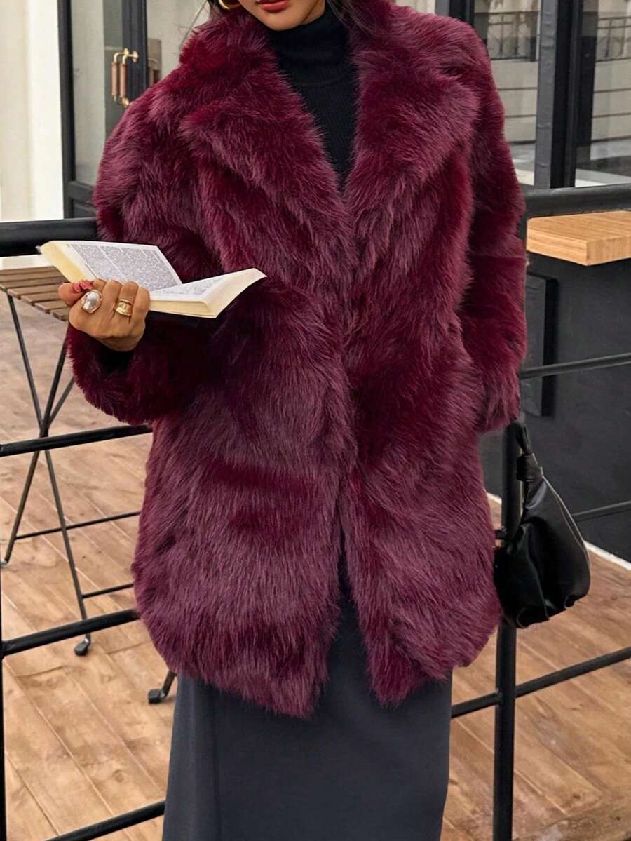 DEEKA 女士加大码仿皮草大衣，保暖宽松，欧美时尚冬季款 - 酒紅色 - 查看 1
