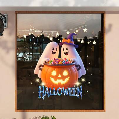 New Halloween Decorative Static Cling Window Stickers, Cute Ghost, Candy, Pumpkin Glass Stickers, Holiday Atmosphere, Shop Window Decor, Party Decoration