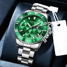 1 szt. GUANQIN Wodoodporny, świecący zegarek chronograf z kalendarzem i fazami księżyca, odporny na zużycie pasek ze stali nierdzewnej, modny, biznesowy, luksusowy, sportowy, klasyczny, prosty, codzienny, mechaniczny, męski, automatyczny zegarek kwarcowy, odpowiedni na Walentynki, festiwale, randki, biznes, na co dzień, prezenty