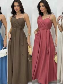Women's Long Dress With Straps, Elegant Bow, Chic Party, Wedding, Graduation, Evangelical Fashion, Bojo - 熱帶粉紅色 - 查看 2