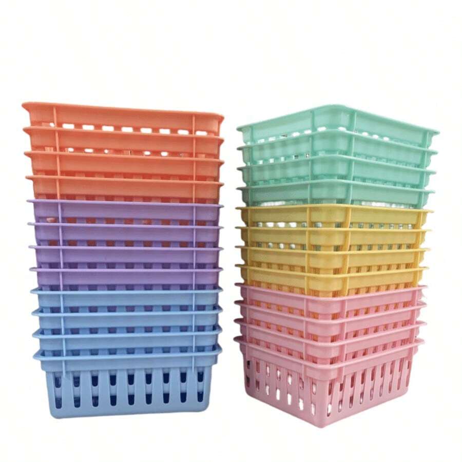 Cesta de armazenamento para sala de aula com 4 peças, pequena cesta organizadora de plástico, bandeja de armazenamento colorida, recipiente para giz de cera, mesa de escritório, gaveta, caixa de armazenamento para casa e escritório, tamanho: 6,1 polegadas (cor aleatória) - Multicolorido - Ver 1