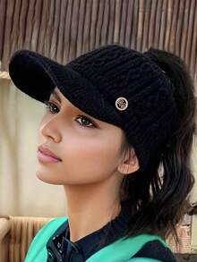 Women's Winter Knitted Hat, Lined, Non-Stretch Acrylic Material, Flat Top, Knitted Structure, Breathable Beret - Foldable Design, Suitable For All Seasons, Striped Craftsmanship, Non-Elastic, Holiday Themed - Multicolor - View 6