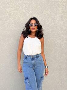 Kissmelady 555 Women's Cargo Jeans, Wide Leg, Plain, High Waist, Elegant - 中等水洗藍 - 查看 5