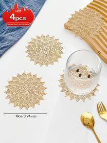 12pcs Gold Flower Coasters, PVC Material 3.94inch Round Coffee Cup Mats, Washable, Easy To Clean, Wipe-Able, Non-Slip, Heat-Resistant, Suitable For Room Decor, Dining Table Decor, Home Decor, Ideal For Holidays, Parties, Birthdays, Weddings And Dinners - Gold - View 5