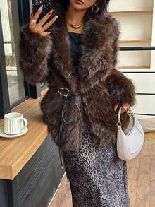 DEEKA Autumn/Winter New Faux Fur Thick Warm Mid-Length Coat With Belt - Chocolate Brown - View 1