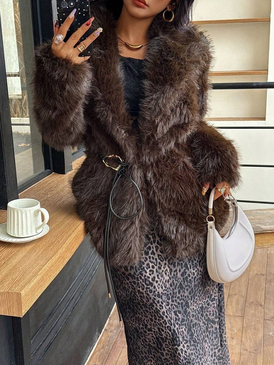 DEEKA Autumn/Winter New Faux Fur Thick Warm Mid-Length Coat With Belt - Chocolate Brown - View 1