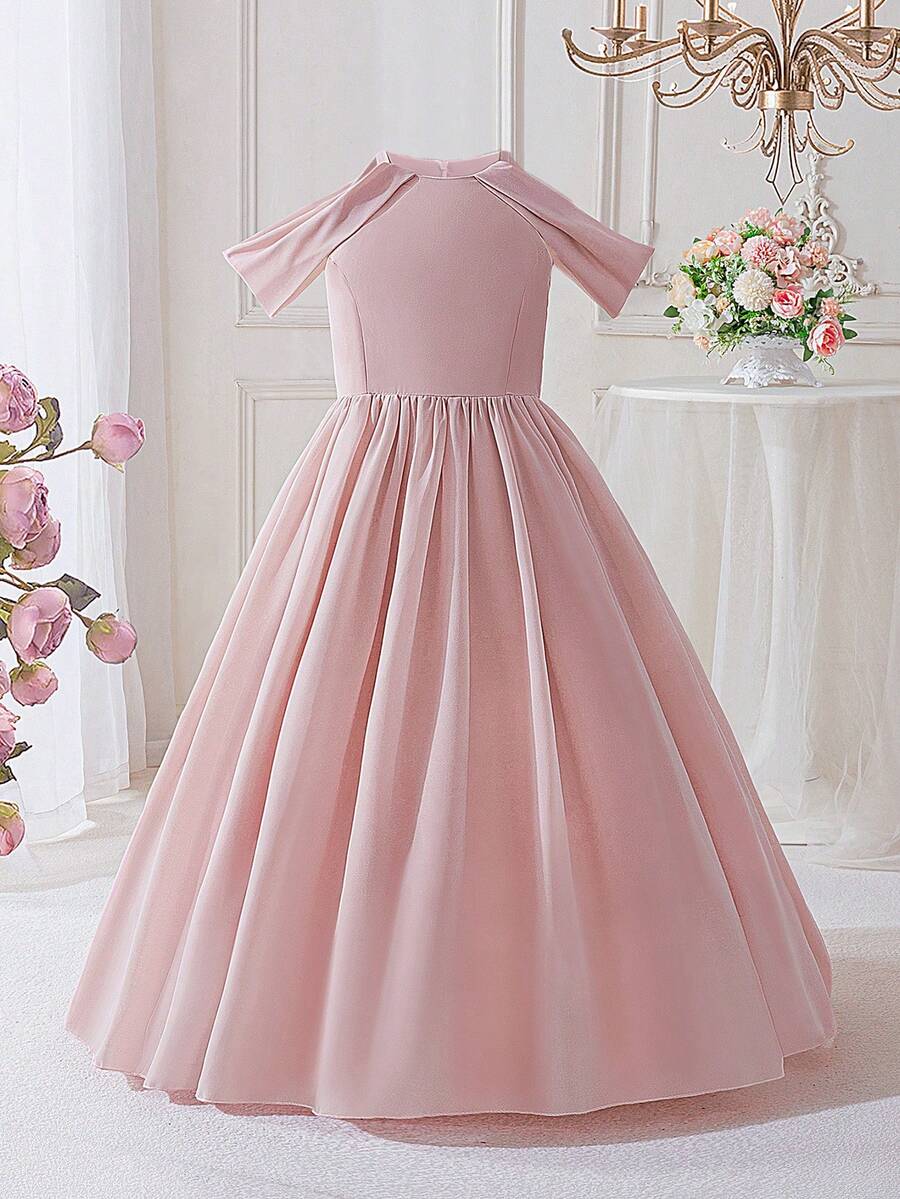Tween Girls Off-Shoulder Bridesmaid Wedding Party Dress, Elegant Graduation Ceremony Birthday Ball Gown, Princess Pageant Performance Formal Dress For Girls - Pink - View 1