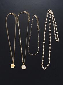 4pcs Fashionable Minimalist Bohemian Shell Flower & Faux Pearl Y-Necklace Set, Versatile For Vacation, Date, Party, Gift, Daily Wear