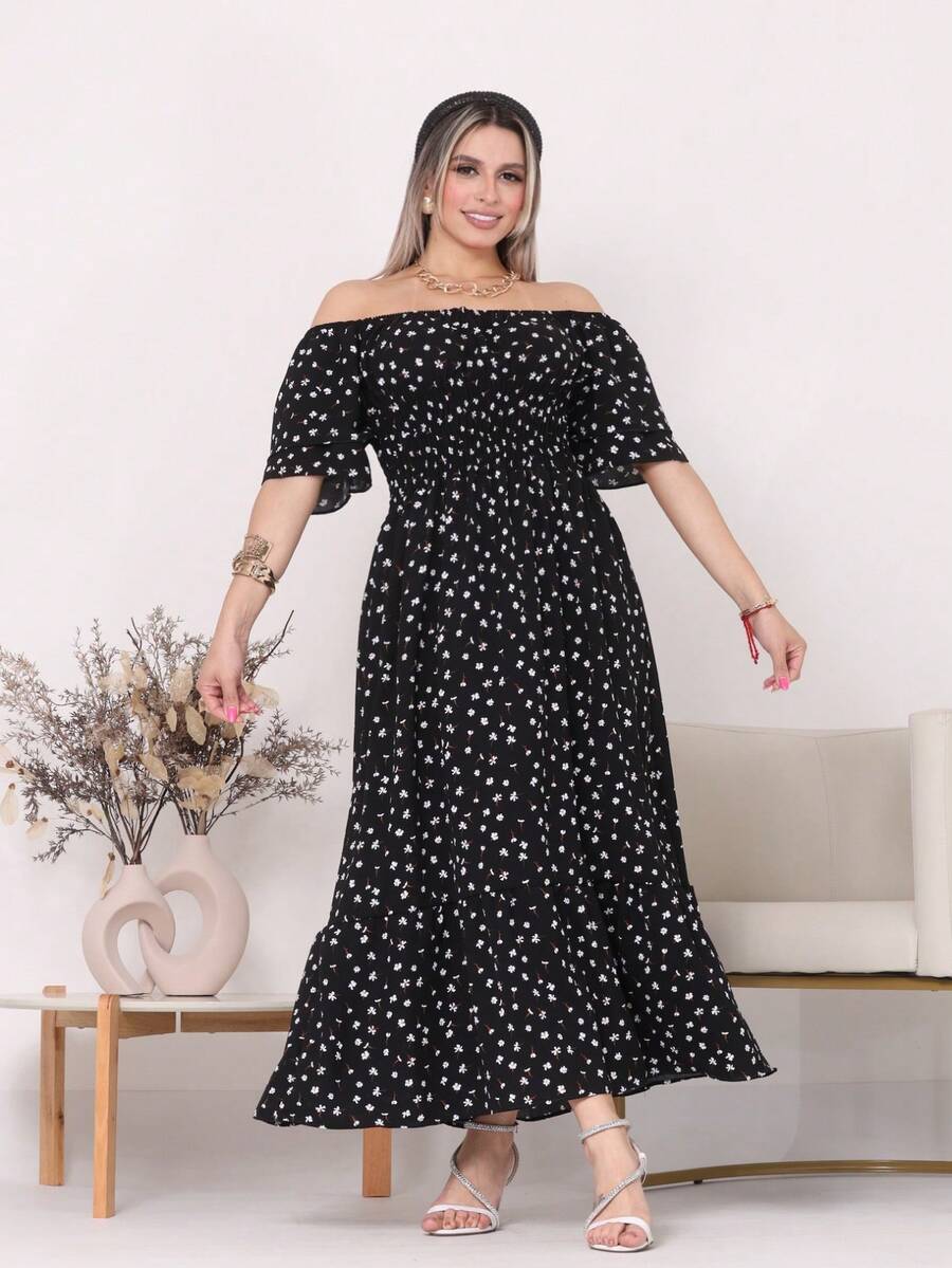 Women's Long Midi Dress With Puffer Sleeves And Frills, Off-The-Shoulder, Tres Marias Floral - Black Flower - View 1