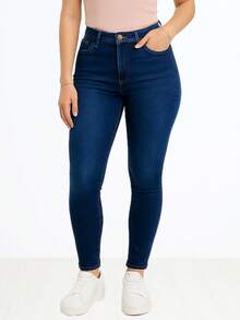 Jeans básicos talle alto un botón ajustados mezclilla gruesa efecto PUSH UP toda ocasión. - Azul lavado oscuro - Ver 2