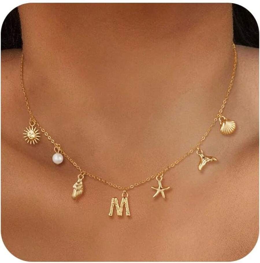 CAROVO Gold Initial Charm Necklace Women Letter A-Z Necklace 14K Gold Plated Charm Pendant Necklace Boho Summer Seashell Beach Starfish Surfer Jewelry - m - 查看 1