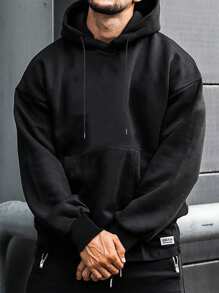 男士休闲街头连帽卫衣，纯色，带羊毛衬里，宽松版型，秋冬 - 黑色 - 查看 6