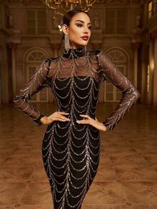 Missord 小高領亮片網紗舞會連衣裙 - 黑色 - 查看 5