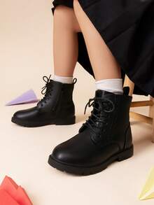 Kids Combat Boots | Ankle-Length Style With Side Zipper For Toddler & Little Kid - BLACK/PU - View 2
