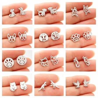 1 par de pendientes pequeños de animales de acero inoxidable, pendientes de gato y perro simples y lindos adecuados para mujeres, apropiados para uso diario, regalo de joyería