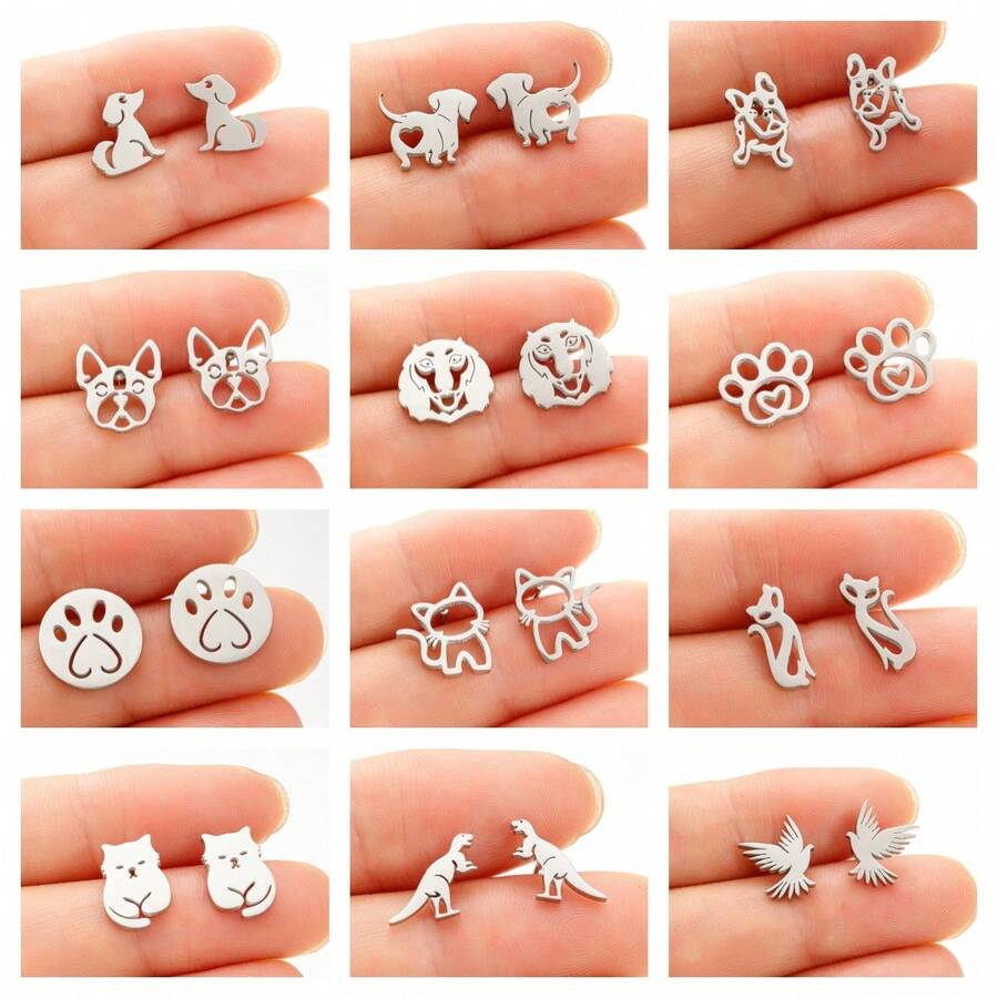 1 Pair Of Stainless Steel Small Animal Earrings, Simple And Cute Pet Cat And Dog Stud Earrings Suitable For Women, Suitable For Daily Wear, Jewelry Gift - Silver - View 1