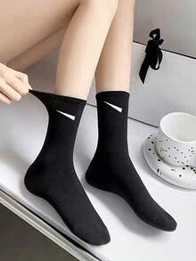 1/3/5/10/15/20双装 女士纯色斜条纹宽口舒适简约产后袜，吸湿排汗，不闷热中筒袜 - 黑色 - 查看 5