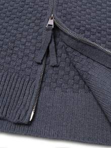 韩版男士宽松翻领纹理舒适中性长袖双拉链开衫针织毛衣，秋冬 - 灰色 - 查看 6