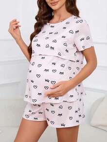 2pcs Women Breastfeeding Set Crew Neck Pullover Top & Cute Print Casual Comfortable Maternity Pajamas, Spring - Pink - View 4