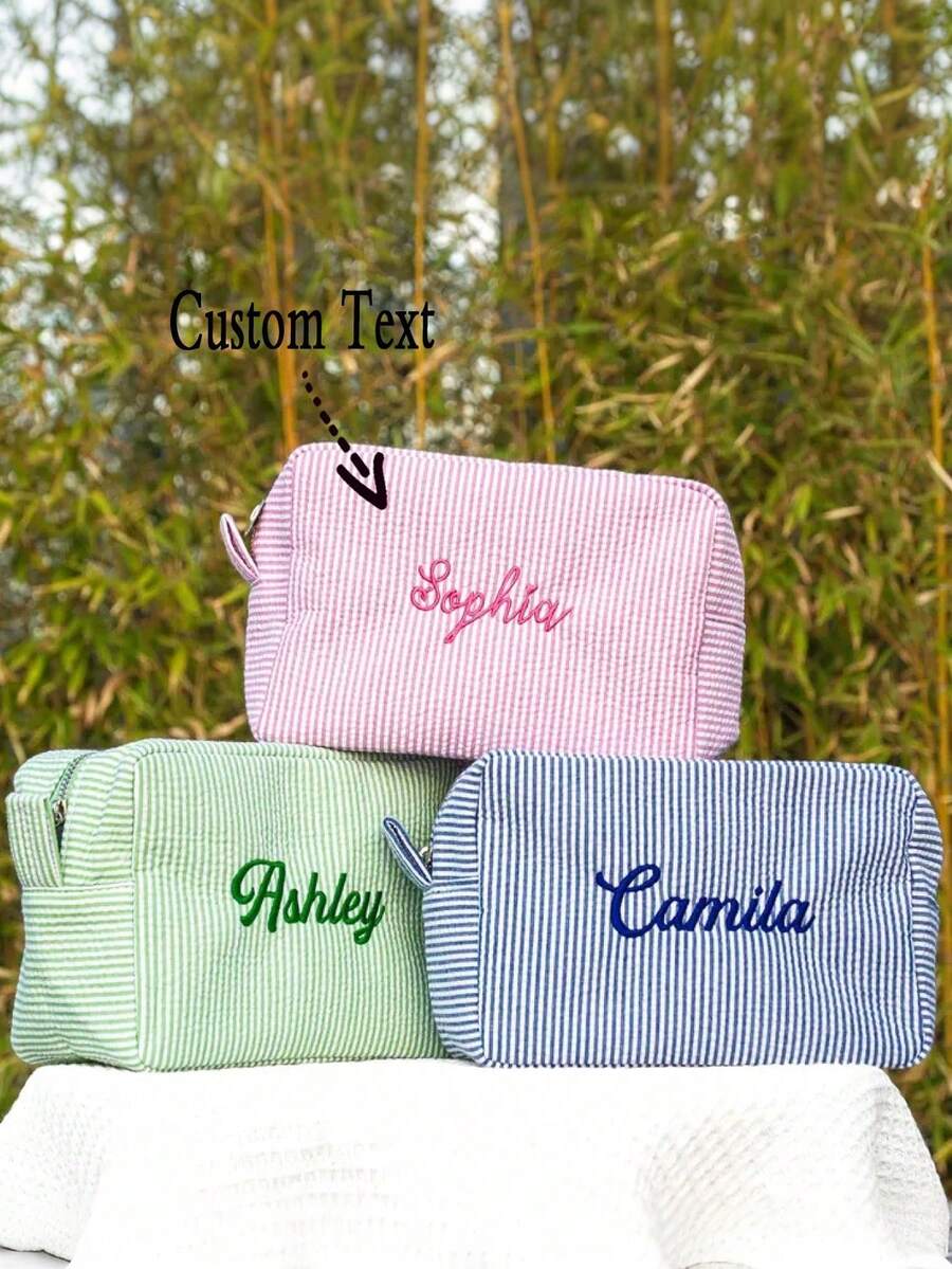 Embroidered Seersucker Cosmetic Bag, (Large + Small) Personalized Seersucker Cosmetic Bag, Custom Embroidered Toiletry Bag, Cosmetic Bag, Bridesmaid Gift, Bridal Party Gift, Cosmetic Storage Bag - Multicolor - View 1