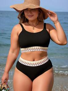 Swim Lushoire 夏季沙滩加大胶带比基尼套装上衣和高腰下装两件套泳衣 - 黑色 - 查看 3