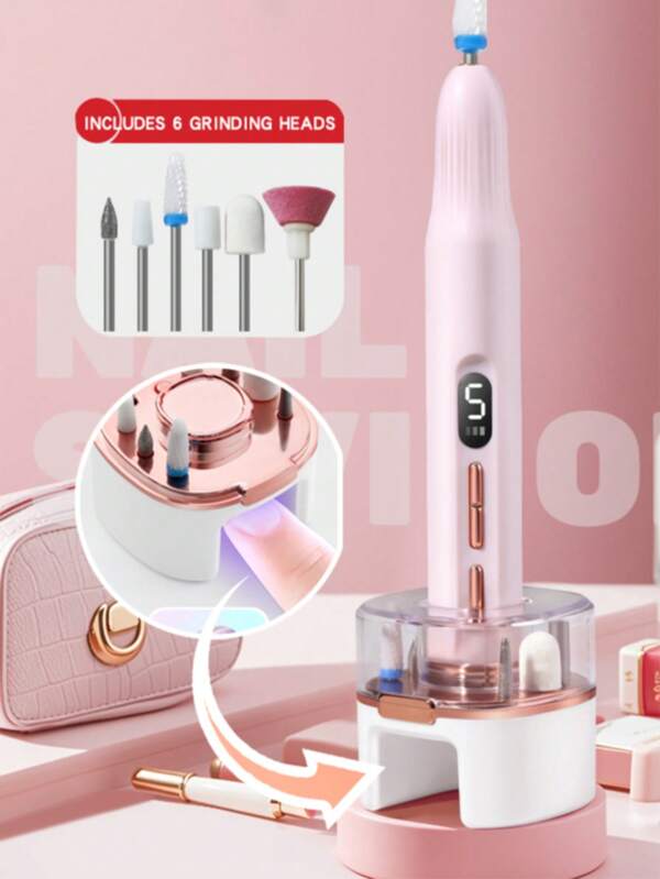 Electric Nail Drill With Wireless Charging Base, 6 Pcs Cordless Nail File With LED Light For Acrylic Gel Dip Powder Nails, Professional Nail Efile Kit With Nail Drill Bits & Sanding Bands For Quick Manicure Pedicure