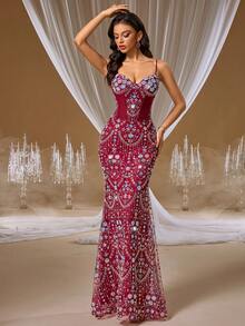 GIFORU Luxury Wine Red Sequin Spaghetti Strap Beaded Mermaid Dress, Fitted Silhouette, New Bride Wedding Gown, Formal Prom Gown, Women's Occasion Dress For Wedding, Party, Birthday - Hot Pink - View 5