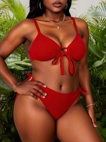 Slaydiva Bộ đồ bơi cỡ lớn có dây đeo có thể điều chỉnh, nâng cao phần trước cho kỳ nghỉ giải trí - Đỏ - Xem 2