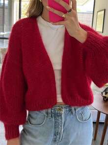 Women's Fuzzy Knit Sweater Long Lantern Sleeve Open Front Solid Color Cardigan Fall Coat - 紅色 - 查看 2