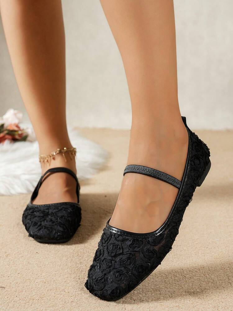 2025 Autumn Plus Size Women's Square Toe Lace Patchwork Rose Outdoor Casual Party Breathable Hollow Flat Loafers, Versatile,Ballet Flats, Mary Janes - Rose Black - View 3