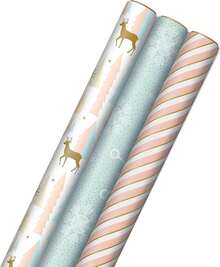 Papel de regalo de Navidad rosa con líneas de corte en el reverso (3 rollos: 120 pies cuadrados) rosa, menta, oro, reno, árboles de Navidad, copos de nieve - Felices fiestas - Ver 8
