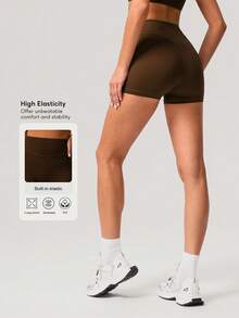 Sodalemon Quần short nữ không đường may, nhẹ, nâng mông, màu trơn, thích hợp cho yoga, chạy bộ và thể thao, size châu Âu. - Cà phê nâu - Xem 4