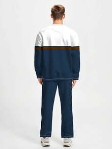 2pcs Men Solid Color & Striped Letter Print Casual Tracksuit, Pullover Sweatshirt And Pants Set, Suitable For Outdoor And Sports , Fall Clothes