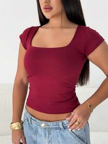 Basic Women's Baby Look Blouse With Square Neckline And Short Sleeves, Versatile Casual Fashion, Blogger - Màu Đỏ Sâu - Xem 2