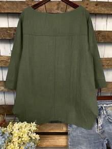女式纯色圆领不对称下摆衬衫 - 綠色砂洗 - 查看 3