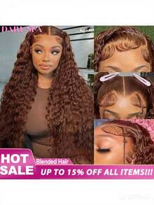 8-34 英寸 13x6 深波浪蕾丝前假发预拔巴西卷发假发 200 密度无胶前假发女士密度假发混合人发预拔深波浪假发混合发卷曲蕾丝前假发（混合发由人发与合成纤维和蛋白质长丝混合制成） - 棕色 - 查看 2