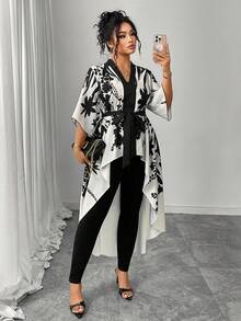 Áo sơ mi công sở thanh lịch, cỡ lớn, in hoa, cổ chữ V, ngắn phía trước, dài phía sau, thích hợp cho mùa hè. - Đen và trắng - Xem 5