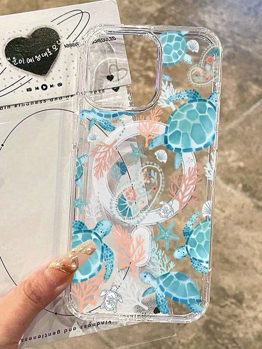 1pc Magnetic Ocean Element Turtle, Seaweed, Starfish Pattern Phone Case Compatible With Apple 11/13/14/15 Pro/16/16 Pro Max Models - Clear - View 1