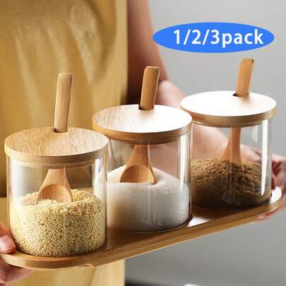 1/2/3 Packs Glass Seasoning Box, Condiment Jar With Wooden Base, Spice Jar, Glass Condiment Container With Spoon, Condiment Jar With Spoon – For Spice, Salt & Sugar Storage,Kitchen Organizer And Grain Storage Container