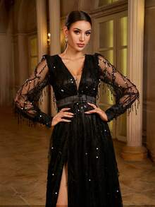 Missord 深V領燈籠袖高衩亮片正式連衣裙 - 黑色 - 查看 6