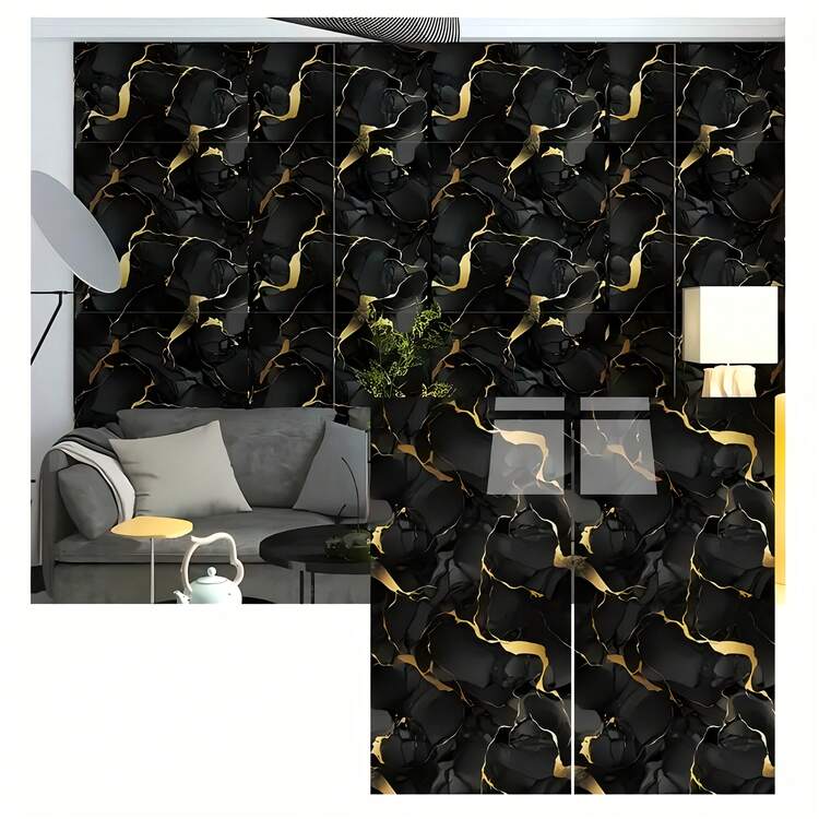 11pcs/0.9㎡ Deep Gray Marble Pattern Peel And Stick Tile Stickers - Waterproof Aluminum Composite Wall Panels, Suitable For Renovation And Decoration, Ideal For Valentine's Day, Wedding And Birthday Decor - Black Gold Flower - View 5