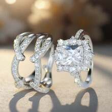 Two-Piece Engagement And Proposal Rings, A New Shiny Square Princess Ring Set With Synthetic Zirconia As A Valentine's Day And Christmas Gift - silvery - View 9