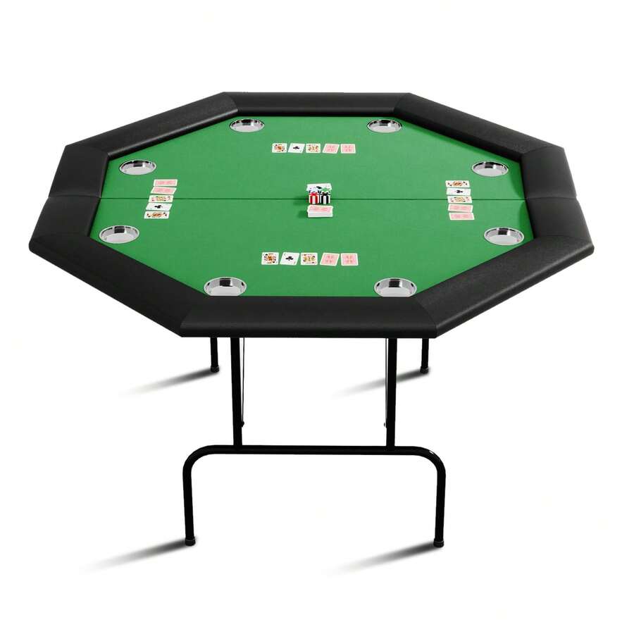 Pokertisch 8-Spieler, Achteckig Grün Casino Poker Tisch mit Edelstahl Getränkehaltern, 2-Fach Klappbar - Grüner Stahlbecher - Übersicht 1