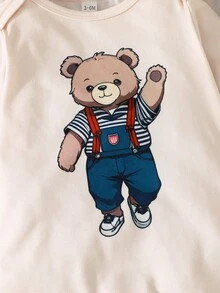 2件套男婴休闲舒适秋季新款条纹蓝红+小熊图案长袖连体衣两件套 - 米色 - 查看 9