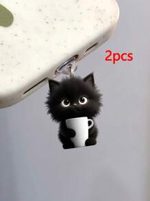 2pcs Cute 2D Acrylic Flat Black Cat Dust Plug, Suitable For Type-C & Lightning Charging Port, Phone Earphone Charging Interface Dust Plug Pendant Decor