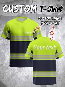 Customized Men's Work T-Shirt, Personalized Front & Back Text, Neon Green & Orange, Heavy All-Over Print Design, Regular Crew Neck Top, Suitable For Workplace, Events And Casual Wear