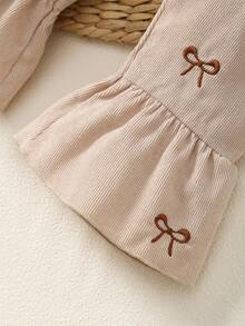 新生儿三件套服装：休闲可爱优雅白色长袖连体衣、驼色刺绣蝴蝶结连体裤和蝴蝶结发带，夏季日常穿搭 - 駝色 - 查看 7