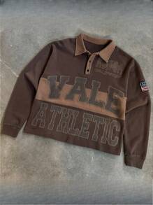 Men's Brown Retro Letter Print Polo Collar Long-Sleeved Top Without Collar, Loose And Casual Pullover Hoodie